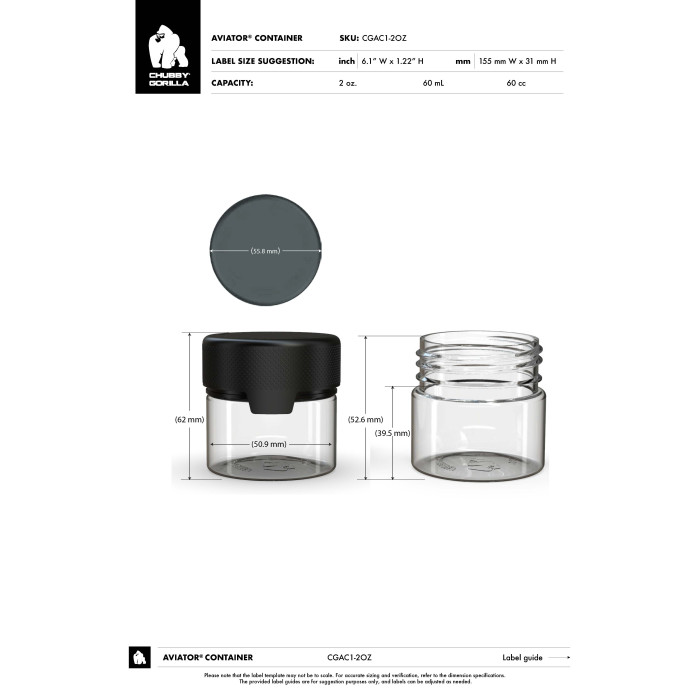 Comprar Chubby Gorilla Envase de 2 oz para aviador con revestimiento y evidencia de manipulación (envase transparente con cierre negro) al por mayor en España