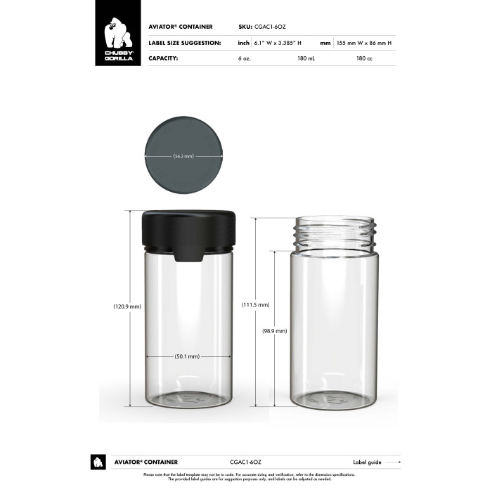 Comprar Chubby Gorilla 6 oz recipiente aviador con revestimiento y evidencia de manipulación (recipiente transparente con cierre negro) al por mayor en España