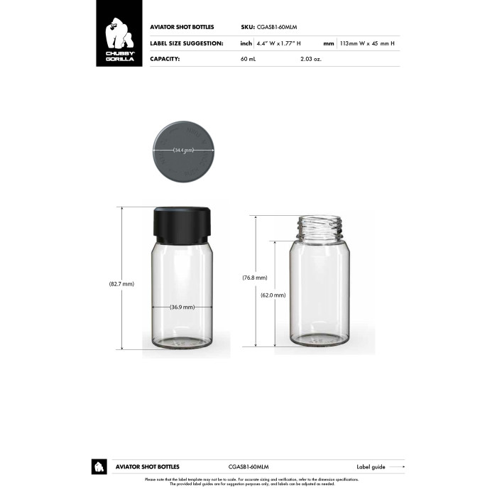 Comprar Chubby Gorilla Botella de 60 ml de mini shot de Aviador con sello de seguridad (botella transparente con cierre blanco) al por mayor en España
