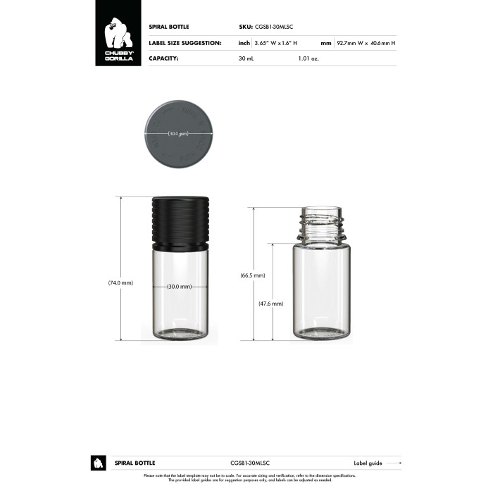 Comprar Chubby Gorilla Botella espiral corta de 30 ml con sello de seguridad (botella transparente con cierre negro) al por mayor en España
