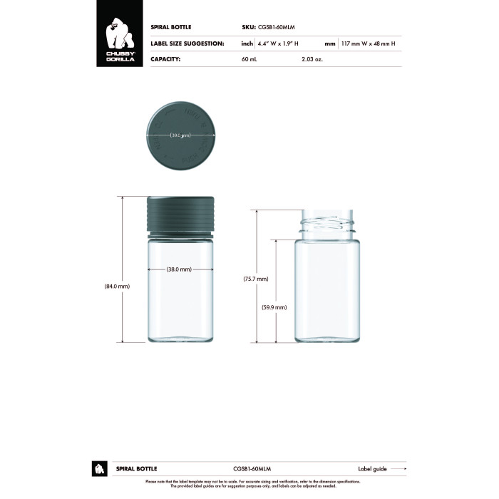 Comprar Chubby Gorilla Botella mini espiral de 60 ml con revestimiento y evidencia de manipulación (botella transparente con cierre negro) al por mayor en España