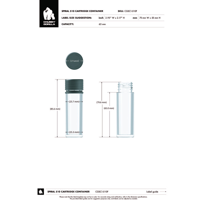Comprar Chubby Gorilla 65mm cartucho contenedor en espiral 510f con evidencia de manipulación (contenedor transparente con cierre negro) al por mayor en España