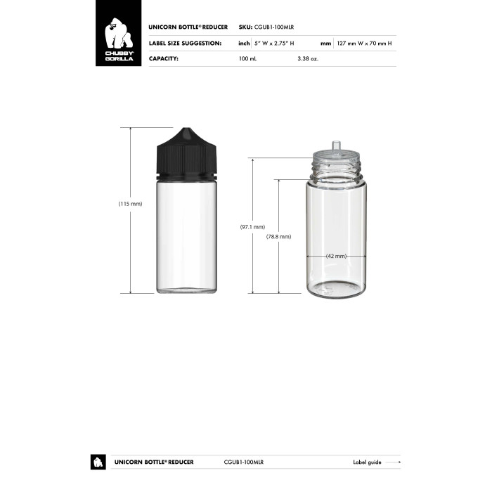 Comprar Chubby Gorilla Botella unicornio de 100 ml con reductor de flujo y evidencia de manipulación (botella negra con tapa negra) al por mayor en España
