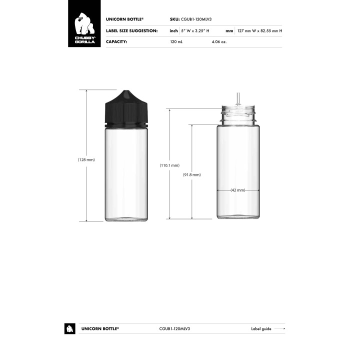 Comprar Chubby Gorilla Botella de unicornio CR de 120 ml con evidencia de manipulación (botella negra con cierre negro) al por mayor en España