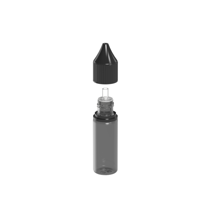 Comprar Chubby Gorilla Botella unicornio de 15ml con reductor de flujo y evidencia de manipulación (botella negra translúcida con cierre negro translúcido) al por mayor en España