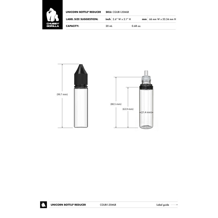 Comprar Chubby Gorilla Botella unicornio de 20 ml con reductor de flujo y evidencia de manipulación (botella blanca con tapa blanca) al por mayor en España