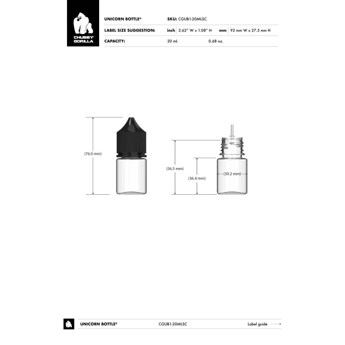 Comprar Chubby Gorilla Botella unicornio de 20ml con tapa a prueba de manipulaciones (botella transparente con cierre negro) al por mayor en España