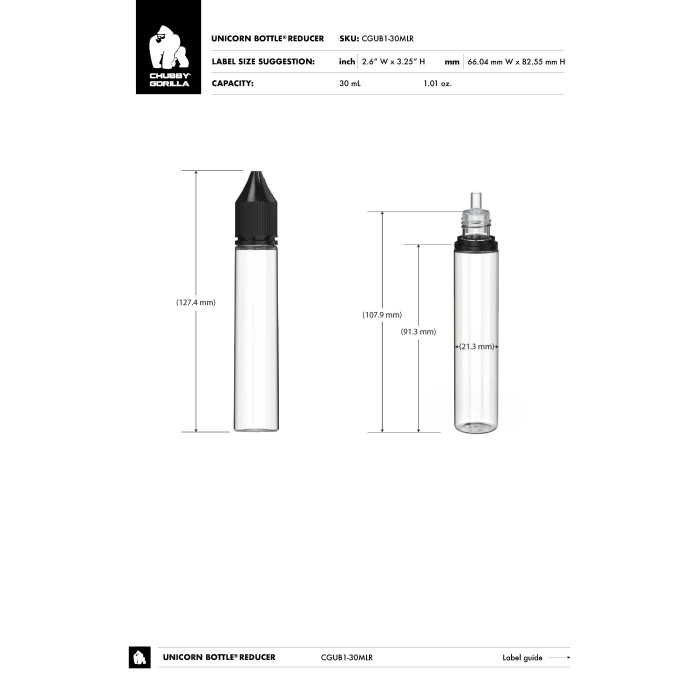 Comprar Chubby Gorilla Botella unicornio de 30 ml con reductor de flujo y evidencia de manipulación (botella blanca con tapa blanca) al por mayor en España