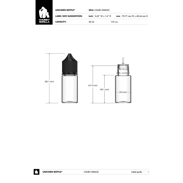 Comprar Chubby Gorilla Botella unicornio de 30 ml con tapa a prueba de manipulaciones (botella negra con cierre negro) al por mayor en España