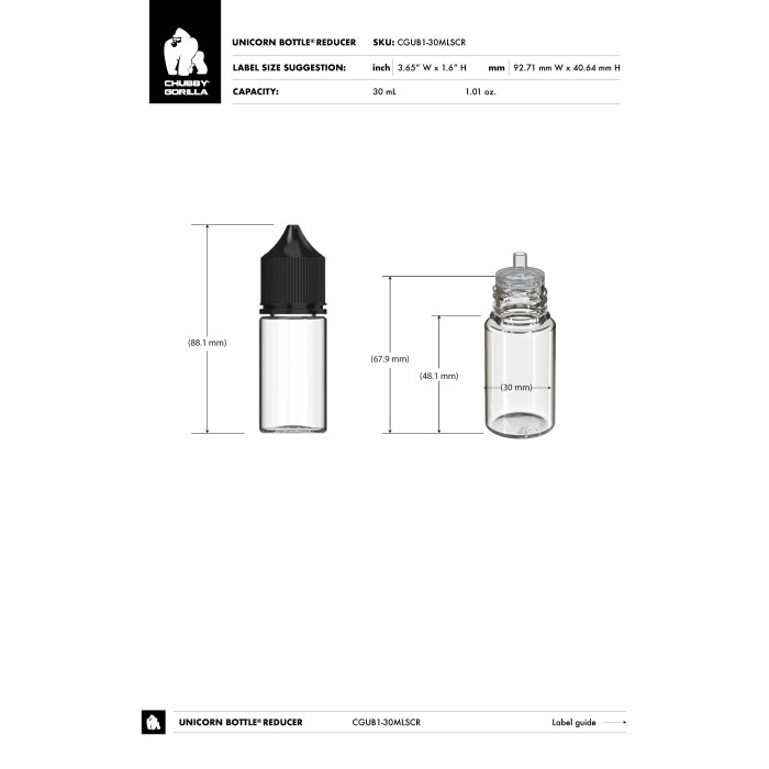 Comprar Chubby Gorilla Botella unicornio reductora de 30 ml con tapa a prueba de manipulaciones (botella blanca con cierre blanco) al por mayor en España