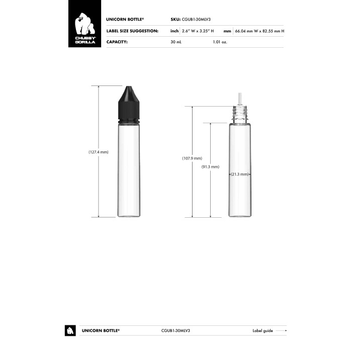 Comprar Chubby Gorilla Botella de unicornio CR de 30 ml con evidencia de manipulación (botella transparente con cierre blanco) al por mayor en España