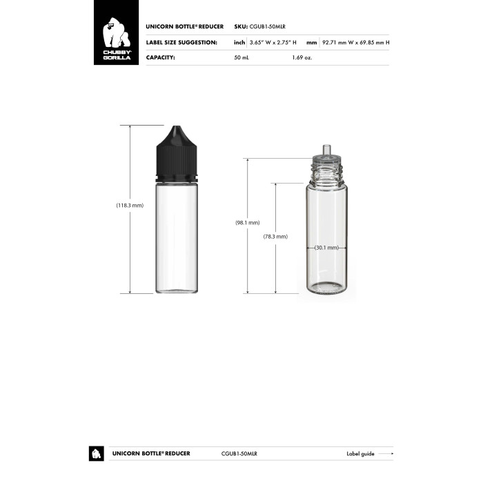 Comprar Chubby Gorilla Botella unicornio de 50 ml con reductor de flujo y evidencia de manipulación (botella transparente con cierre transparente) al por mayor en España