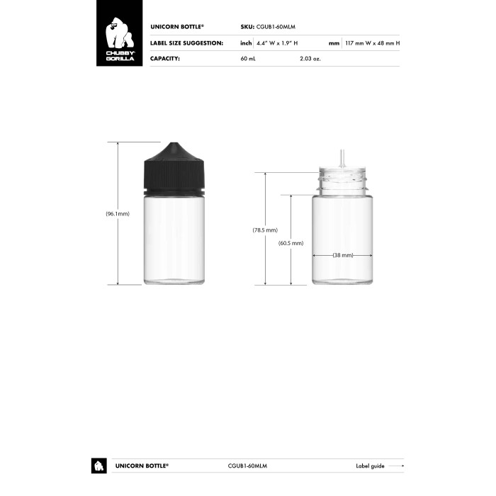 Comprar Chubby Gorilla Botella mini unicornio de 60 ml con evidencia de manipulación (botella transparente con cierre negro) al por mayor en España