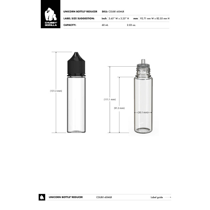 Comprar Chubby Gorilla Botella unicornio de 60 ml con reductor de flujo y evidencia de manipulación (botella blanca con tapa blanca) al por mayor en España