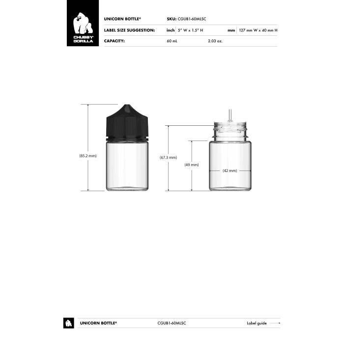 Comprar Chubby Gorilla Botella unicornio de 60ml con tapa a prueba de manipulaciones (botella transparente con cierre negro) al por mayor en España