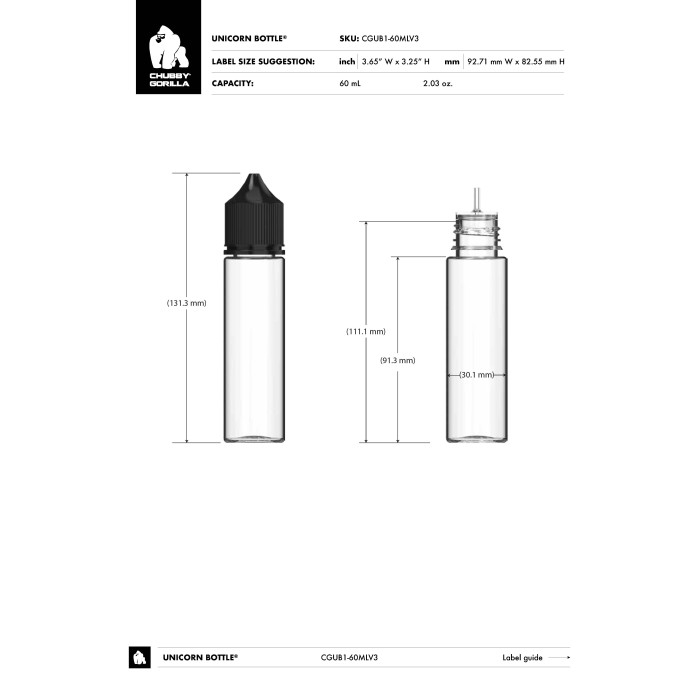 Comprar Chubby Gorilla Botella de unicornio CR de 60 ml con evidencia de manipulación (botella blanca con cierre blanco) al por mayor en España