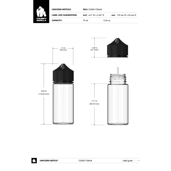 Comprar Chubby Gorilla Botella mini unicornio de 75 ml con evidencia de manipulación (botella negra translúcida con cierre negro) al por mayor en España