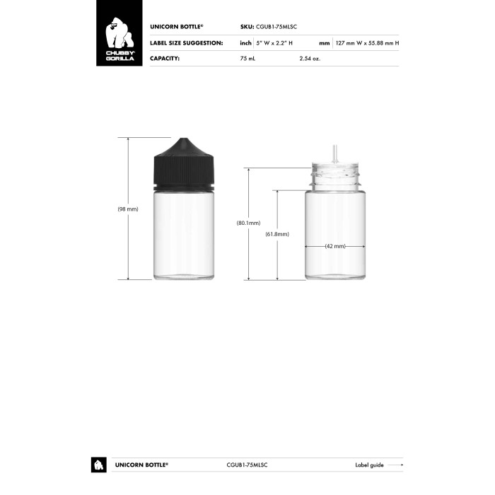 Comprar Chubby Gorilla Botella unicornio corta de 75 ml con sello de seguridad (botella transparente con cierre negro) al por mayor en España