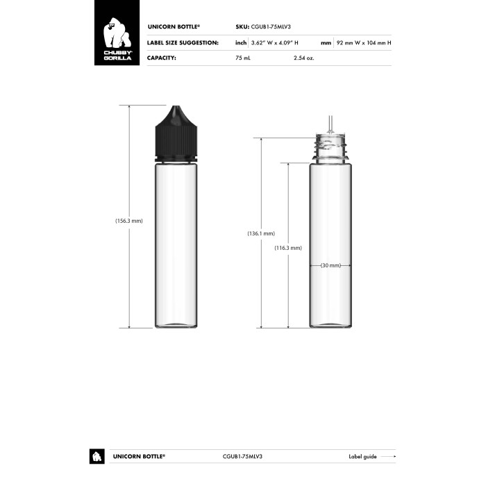 Comprar Chubby Gorilla Botella de unicornio CR de 75 ml con evidencia de manipulación (botella transparente con cierre negro) al por mayor en España