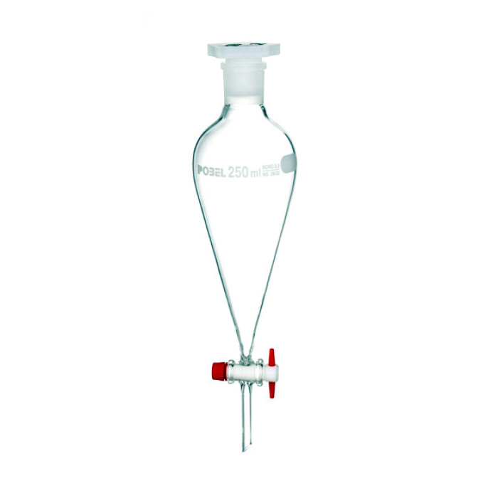 Embudo de decantación cónico con llave de vidrio o teflón y tapón de polietileno