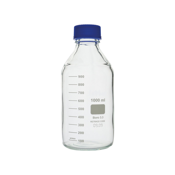 Frasco ISO graduado GL45 borosilicato 3.3 con tapón PP y anillo antigoteo autoclavable