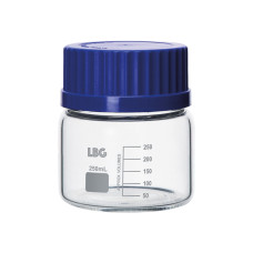 Frasco graduado boca ancha rosca GL80 ISO 4796 borosilicato 3.3 con tapón PP