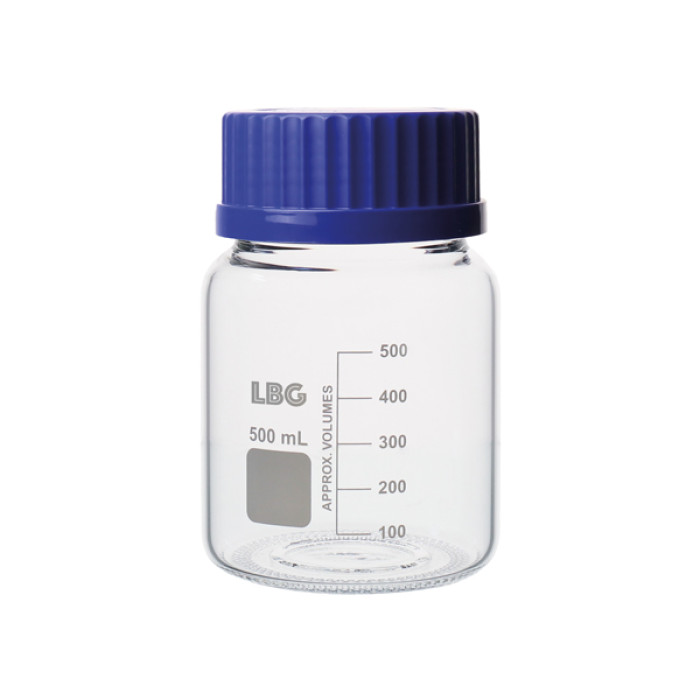 Frasco graduado boca ancha rosca GL80 ISO 4796 borosilicato 3.3 con tapón PP