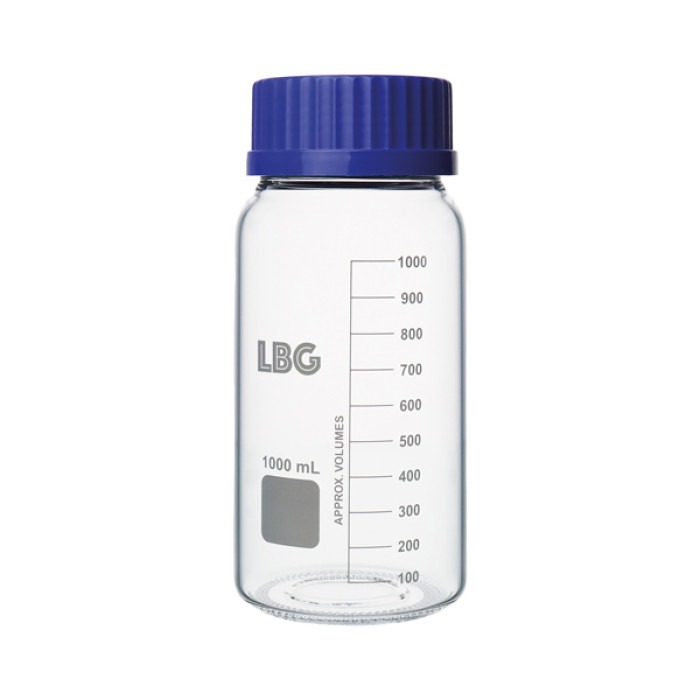 Frasco graduado boca ancha rosca GL80 ISO 4796 borosilicato 3.3 con tapón PP