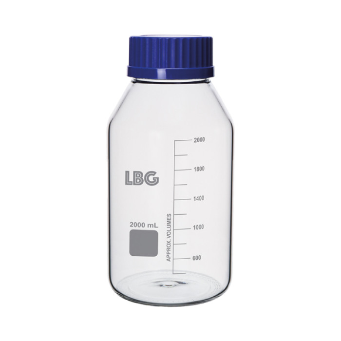 Frasco graduado boca ancha rosca GL80 ISO 4796 borosilicato 3.3 con tapón PP