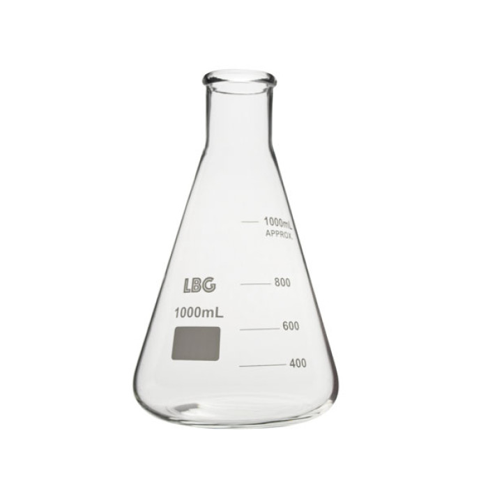 Matraz Erlenmeyer cuello estrecho borosilicato LBG 3.3 con reborde y graduación DIN 12380