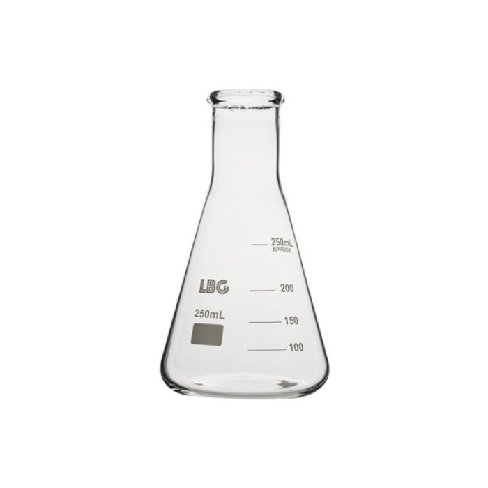 Matraz Erlenmeyer cuello estrecho borosilicato LBG 3.3 con reborde y graduación DIN 12380
