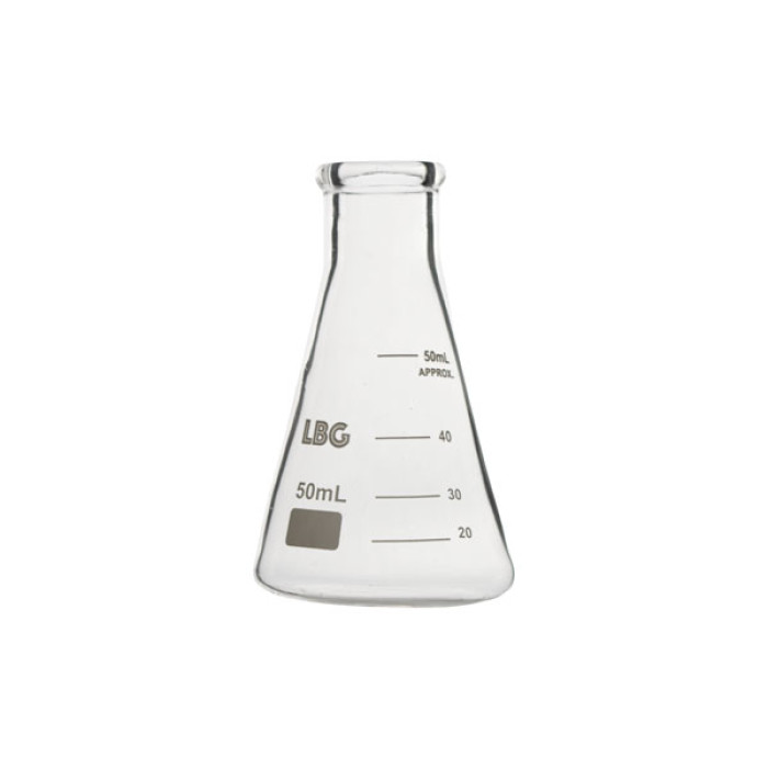 Matraz Erlenmeyer cuello estrecho borosilicato LBG 3.3 con reborde y graduación DIN 12380