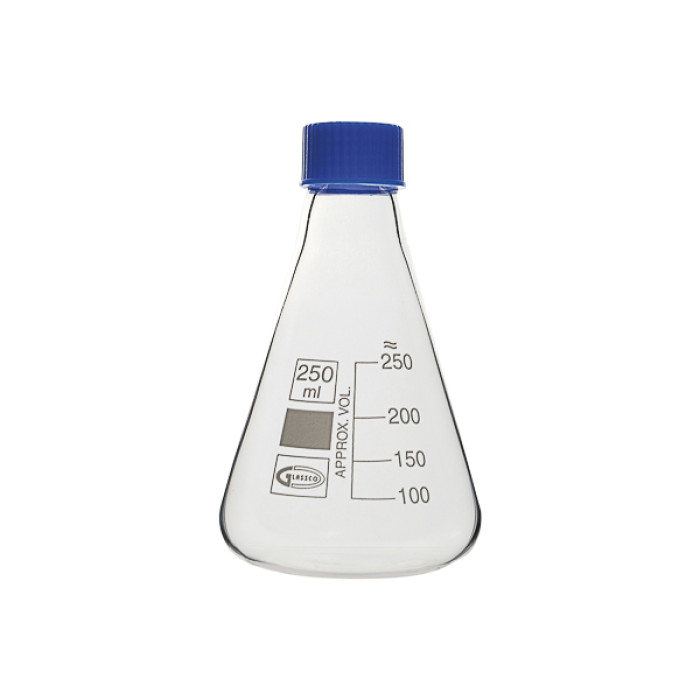Matraz Erlenmeyer con tapón de rosca normalizado y junta PTFE borosilicato 3.3 DIN 12380