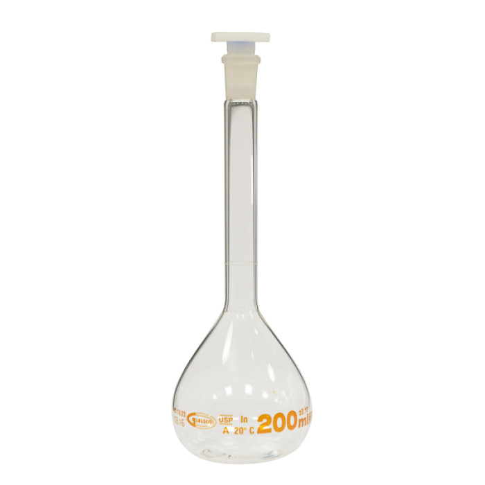 Matraz aforado clase A USP borosilicato 3.3 con tapón PE conforme ISO 1042 DIN 12664