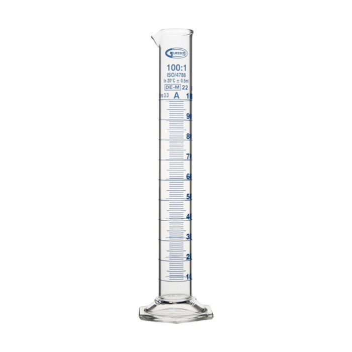 Probeta graduada clase A base hexagonal borosilicato 3.3 GLASSCO certificada