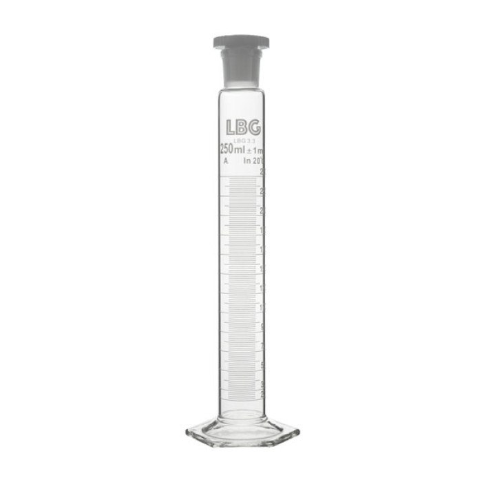 Probeta graduada clase A con tapón PP boca esmerilada base hexagonal borosilicato