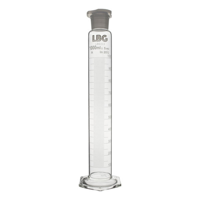 Probeta graduada clase A con tapón PP boca esmerilada base hexagonal borosilicato
