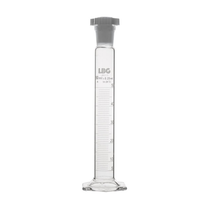 Probeta graduada clase A con tapón PP boca esmerilada base hexagonal borosilicato