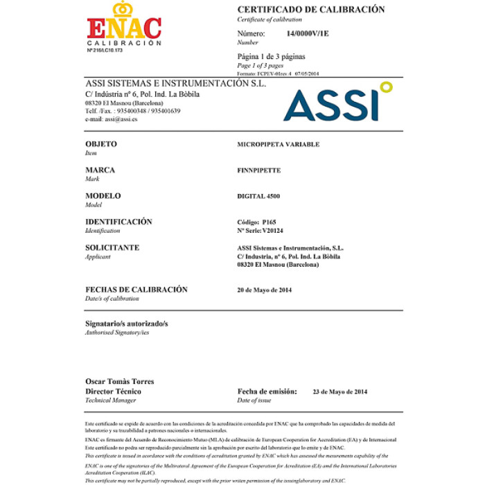 Certificado ENAC de micropipetas de volumen fijo