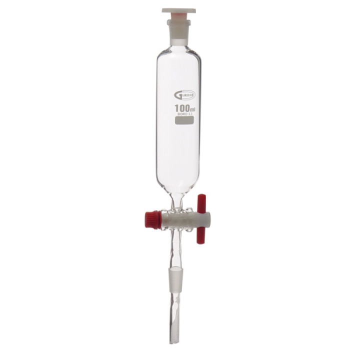 Embudo de adición cilíndrico esmerilado con llave de PTFE borosilicato 3.3