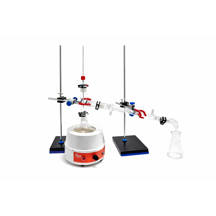 Equipo de destilación simple borosilicato 3.3 NS 29/32 con refrigerante 250 mm y matraz 250 ml