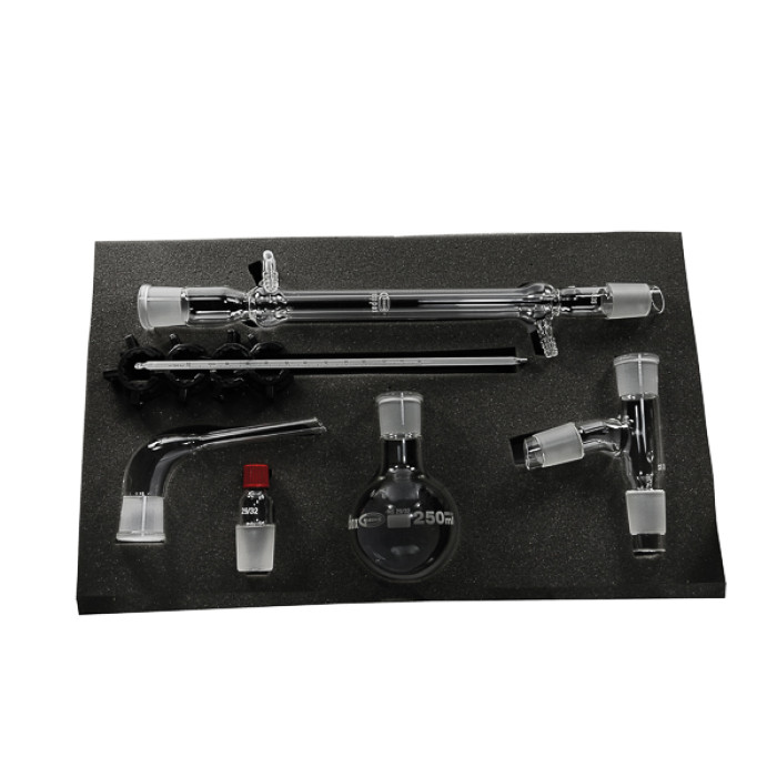 Equipo de destilación simple borosilicato 3.3 NS 29/32 con refrigerante 250 mm y matraz 250 ml