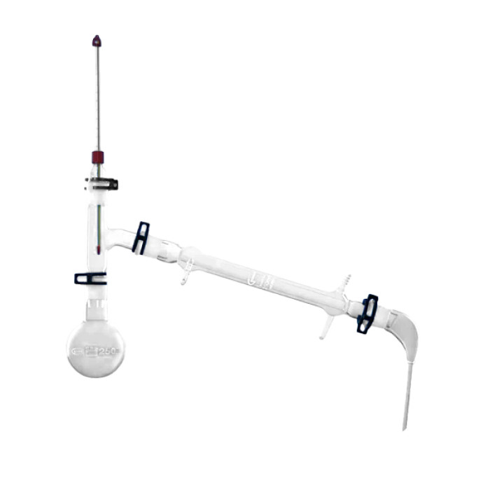 Equipo de destilación simple borosilicato 3.3 NS 29/32 con refrigerante 250 mm y matraz 250 ml
