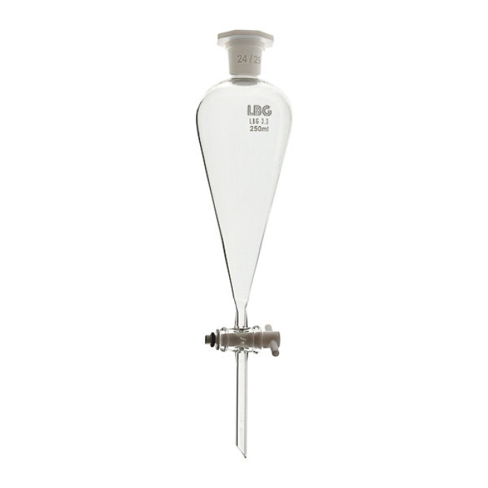 Embudo de decantación cónico con llave PTFE y tapón de plástico borosilicato 3.3