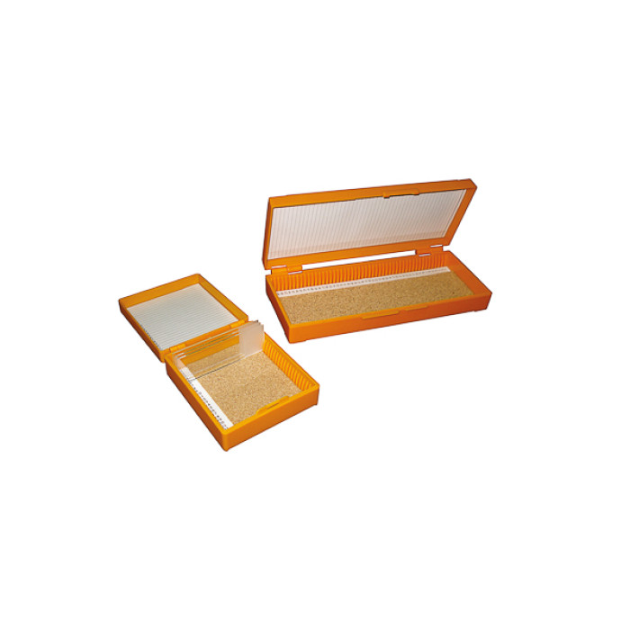 Caja para portaobjetos 25 unidades ABS naranja con base de corcho
