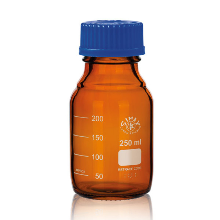 Frasco graduado ámbar borosilicato 3.3 rosca GL 45 ISO 4796 con tapón PP