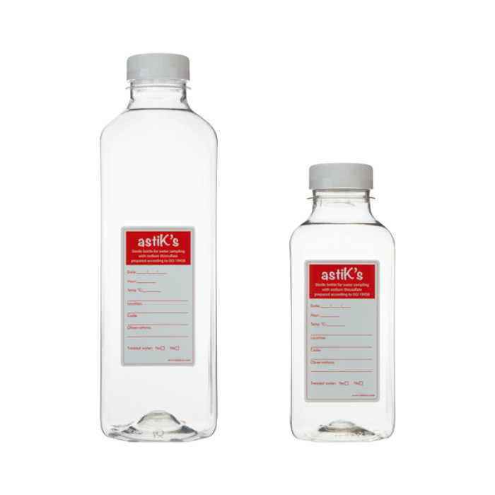 Botellas PET estériles para muestreo de agua boca Ø 38,5 mm con tiosulfato sódico ISO 19458