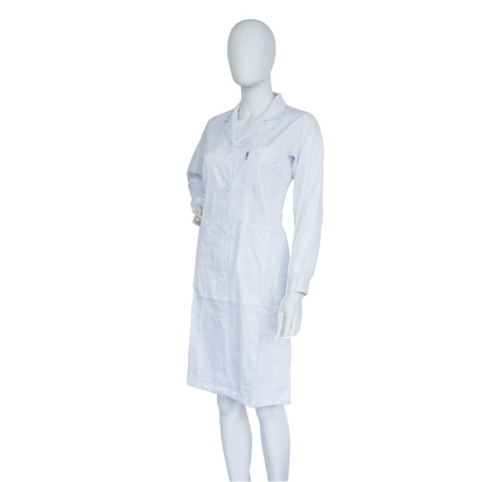 Bata de laboratorio mujer blanca cuello solapa 5 botones con bolsillos