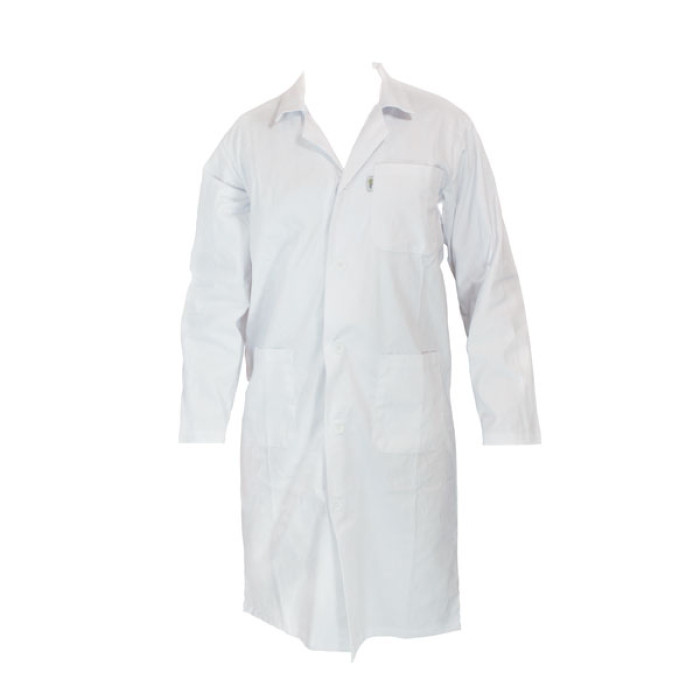 Bata de laboratorio hombre blanca cuello solapa 5 botones 3 bolsillos sin puños
