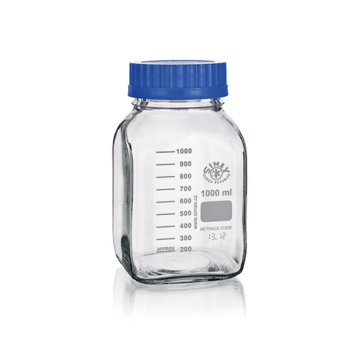 Frasco graduado con rosca GL 80 ISO 4796 borosilicato 3.3 con tapón PP azul
